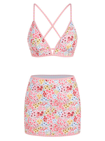 ZAFUL Women's V-Neck Bikini Set with Skirt 2 Piece Swimsuit Tummy Control Bathing Suit