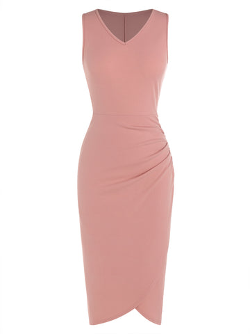 ZAFUI Women's V Neck Ruched Bodycon Cocktail Wedding Guest Dress