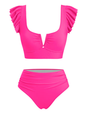 V Neck Tummy Control Two Piece Swimsuit