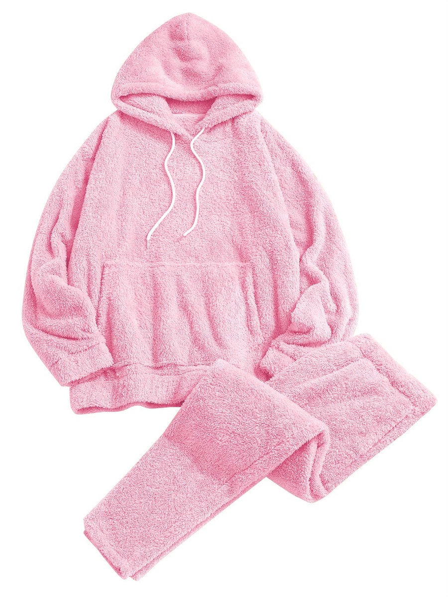 ZAFUL Women's Fuzzy Fleece Pajamas Sets Loungewear Long Sleeve pocket Casual Hoodies and Pants Set 2 Piece Fluffy Sleepwear