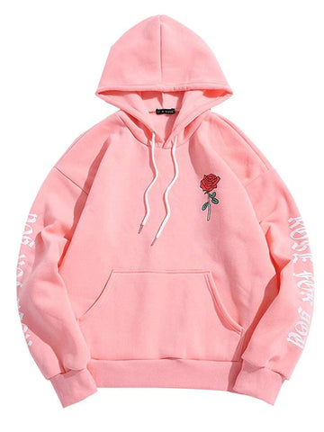 ZAFUL Fleece Hoodie Unisex Rose Letter Print Hooded Pullover Kangaroo Pocket Sweatshirt