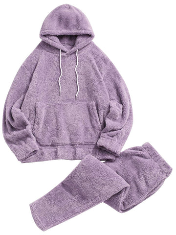 ZAFUL Women's Fuzzy Fleece Pajamas Sets Loungewear Long Sleeve pocket Casual Hoodies and Pants Set 2 Piece Fluffy Sleepwear