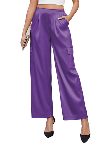 ZAFUL Womens Satin Pants Wide Leg High Waisted Cargo Pants Silky Dressy Casual Slack Trousers