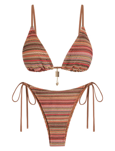 ZAFUL Striped Triangle Knit Cheeky Bikini Two Piece Swimwear Side Tie Bathing Suits