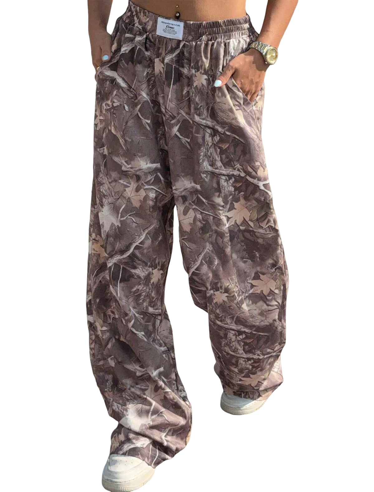 ZAFUL Women's Camo Cargo Pants Y2K Elastic High Waisted Wide Leg Casual Straight Pants Joggers Sweatpants with Patch Detail