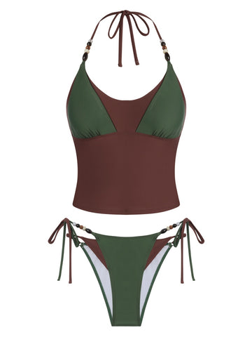 Colorblock Polka Dot Beaded Halter Bikini Set