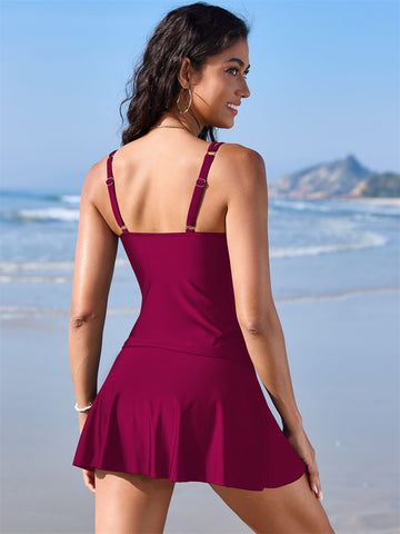 ZAFUL Womens Tummy Control Scalloped V Neck Tankini Bathing Suits with Skirt Bottom