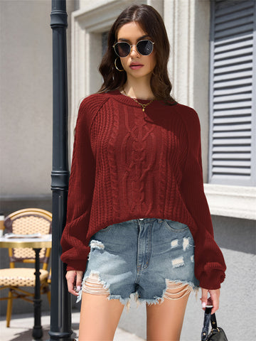 ZAFUL Women's Cable Knit Sweater Crewneck Long Lantern Sleeve Pullover-AMZ