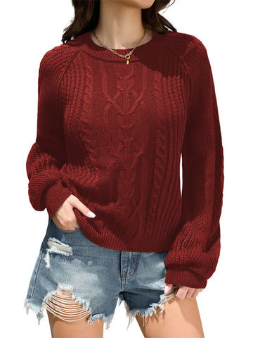 ZAFUL Women's Cable Knit Sweater Crewneck Long Lantern Sleeve Pullover-AMZ