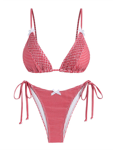 ZAFUL Vintage Gingham Lace Trim Bowknot Decor Halter Triangle Tie Side Bikini Set