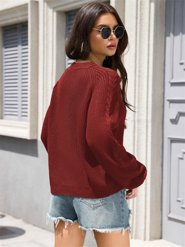 ZAFUL Women's Cable Knit Sweater Crewneck Long Lantern Sleeve Pullover-AMZ