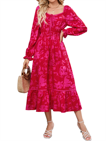 ZAFUL Women's 2025 Long Sleeve Square Neck Fall Boho Floral Midi Dress High Waist Flowy A Line Tiered Wedding Guest Dresses