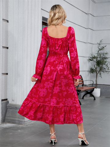 ZAFUL Women's 2025 Long Sleeve Square Neck Fall Boho Floral Midi Dress High Waist Flowy A Line Tiered Wedding Guest Dresses