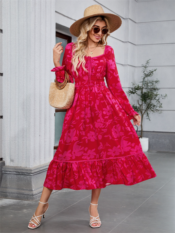 ZAFUL Women's 2025 Long Sleeve Square Neck Fall Boho Floral Midi Dress High Waist Flowy A Line Tiered Wedding Guest Dresses