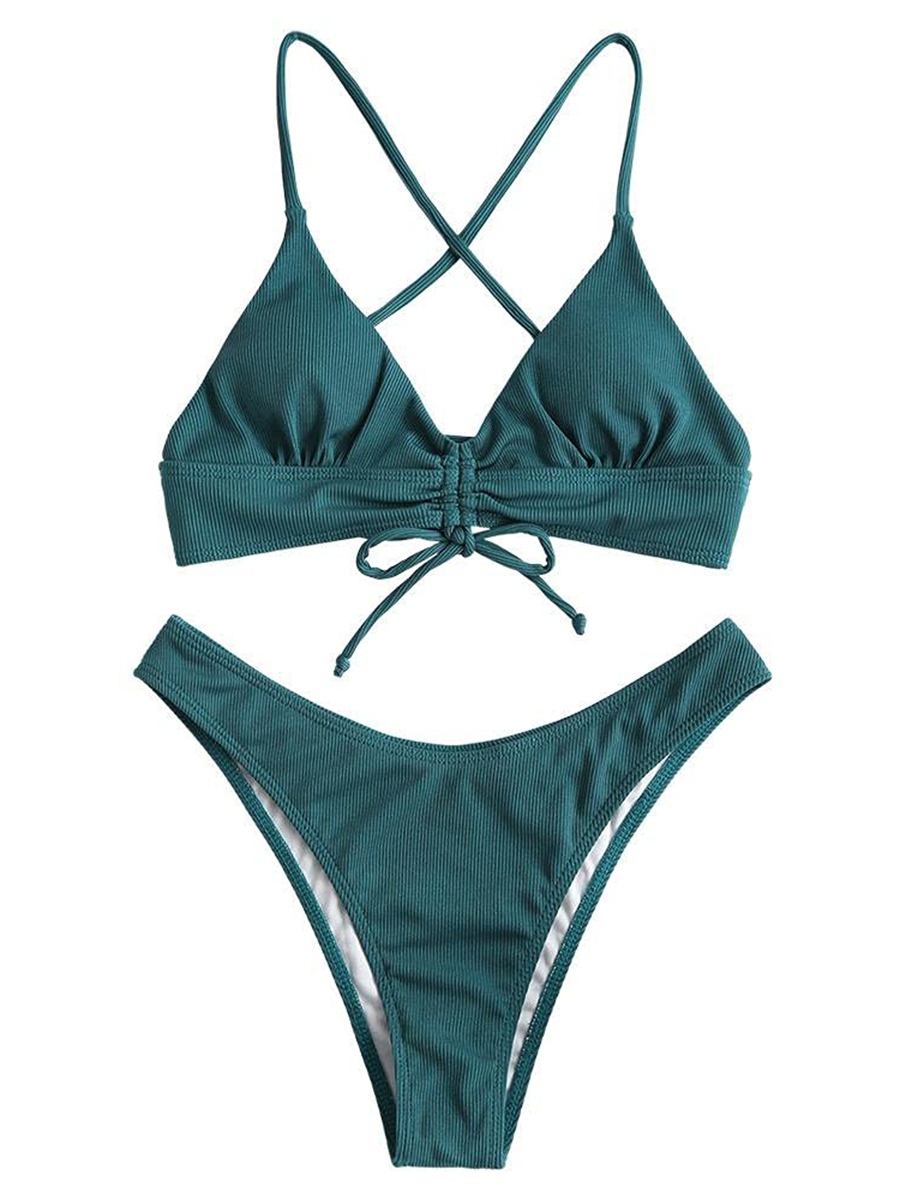 ZAFUL Maillot de bain bikini brésilien côtelé cintré à lacets vert foncé 