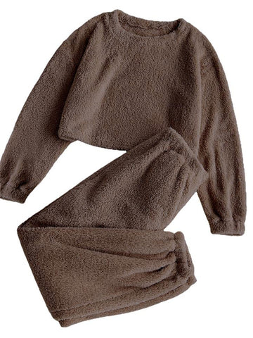 ZAFUL Women's Fuzzy Lounge Casual Pajamas Sets Long Sleeve Fleece Pullover and Pants Set 2 Piece Sleepwear