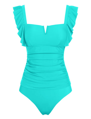 ZAFUL Women's Tankini Set Two Piece Swimsuit Ruffle Square Neck with V Wire Tummy Control Bathing Suit