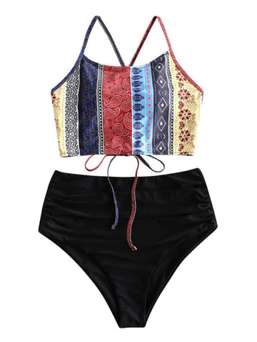 ZAFUL Women's Ruched High Waisted Tankini Swimsuit Criss Cross Bikini Set Tummy Control Bathing Suit