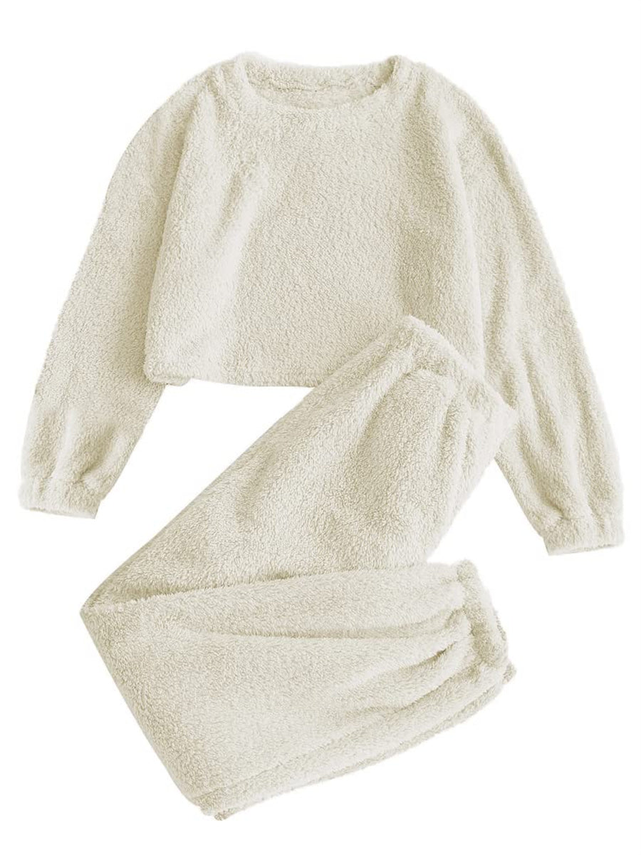 ZAFUL Women's Fuzzy Lounge Casual Pajamas Sets Long Sleeve Fleece Pullover and Pants Set 2 Piece Sleepwear