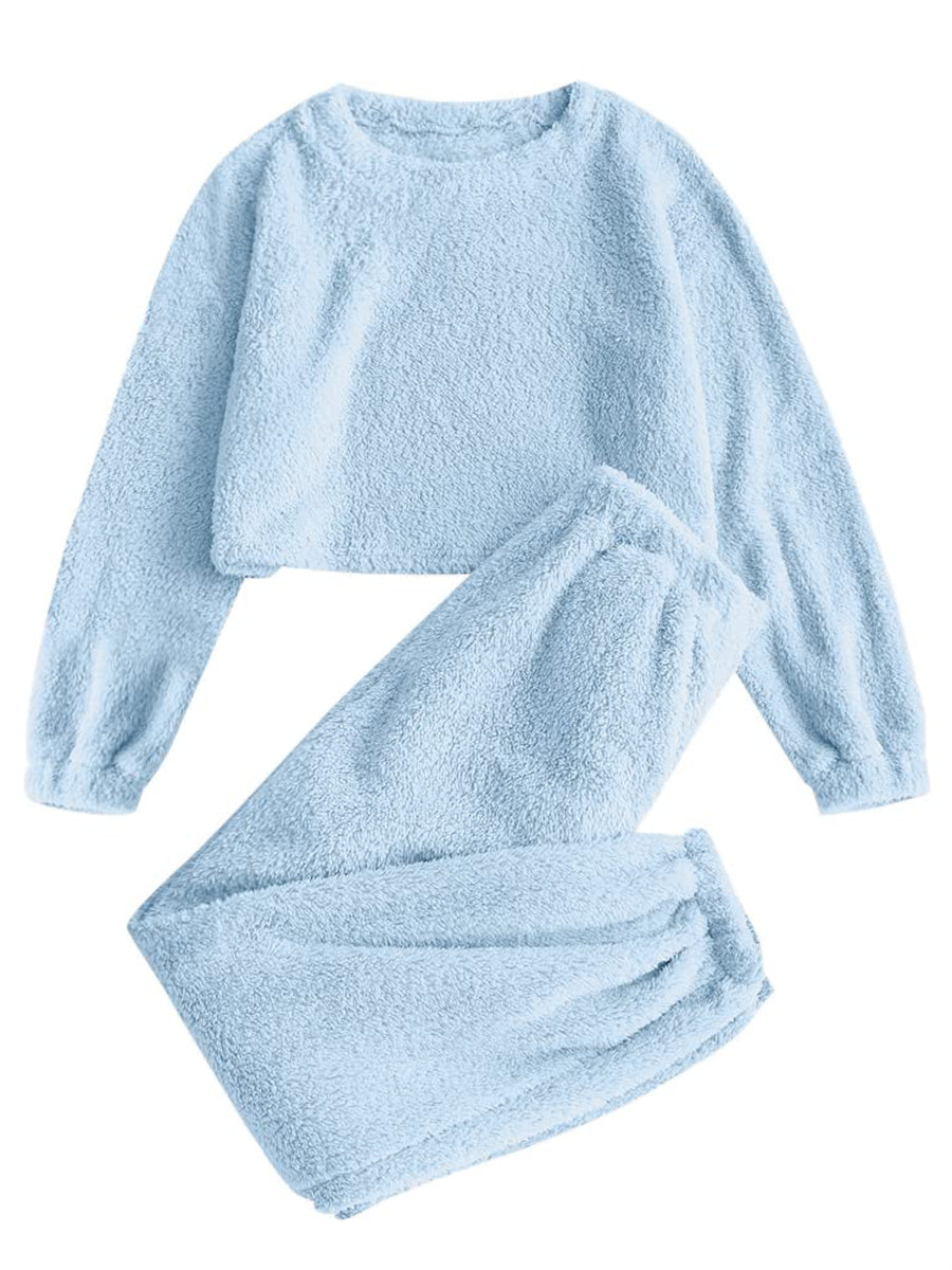 ZAFUL Women's Fuzzy Lounge Casual Pajamas Sets Long Sleeve Fleece Pullover and Pants Set 2 Piece Sleepwear