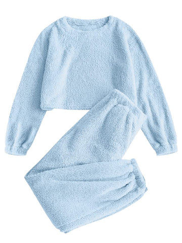 ZAFUL Women's Fuzzy Lounge Casual Pajamas Sets Long Sleeve Fleece Pullover and Pants Set 2 Piece Sleepwear