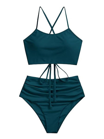 ZAFUL Women's Ruched High Waisted Tankini Swimsuit Criss Cross Bikini Set Tummy Control Bathing Suit