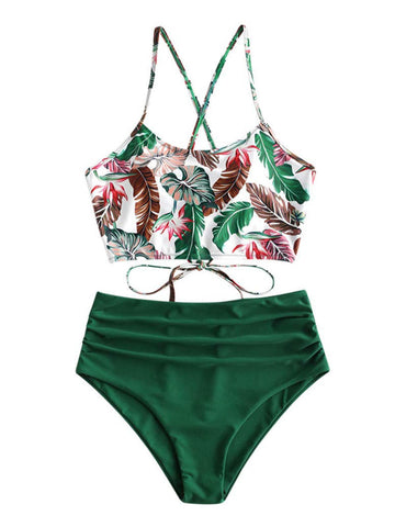 ZAFUL Women's Ruched High Waisted Tankini Swimsuit Criss Cross Bikini Set Tummy Control Bathing Suit