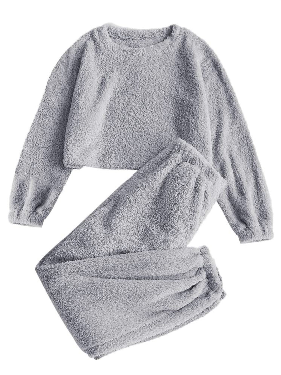ZAFUL Women's Fuzzy Lounge Casual Pajamas Sets Long Sleeve Fleece Pullover and Pants Set 2 Piece Sleepwear