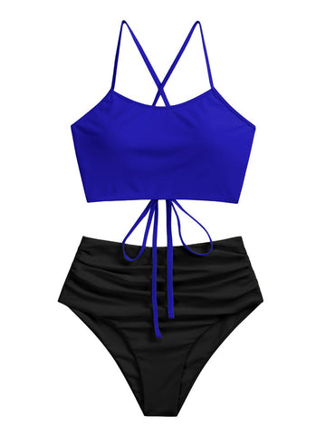 ZAFUL Women's Ruched High Waisted Tankini Swimsuit Criss Cross Bikini Set Tummy Control Bathing Suit