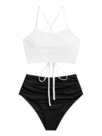 ZAFUL Women's Ruched High Waisted Tankini Swimsuit Criss Cross Bikini Set Tummy Control Bathing Suit