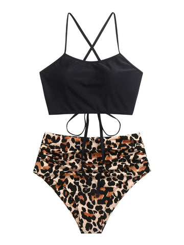 ZAFUL Women's Ruched High Waisted Tankini Swimsuit Criss Cross Bikini Set Tummy Control Bathing Suit