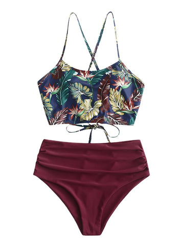 ZAFUL Women's Ruched High Waisted Tankini Swimsuit Criss Cross Bikini Set Tummy Control Bathing Suit
