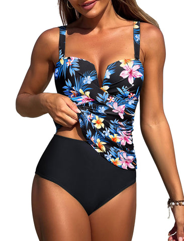 ZAFUL Women's Two Piece Tankini Swimsuits Tummy Control Crisscross Bathing Suits V-Wire Swim Tank Tops with Briefs