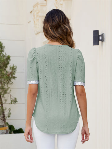 ZAFUL Womens Summer Eyelet Tops V Neck Going Out Sequin Blouse