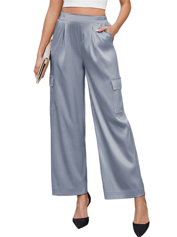 ZAFUL Womens Satin Pants Wide Leg High Waisted Cargo Pants Silky Dressy Casual Slack Trousers