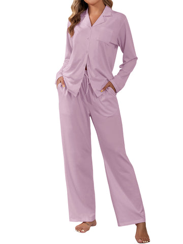 ZAFUL Women's Cotton Pajamas Sets Notch Long Sleeve Sleepwear Button Down Nightwear Soft Pjs Lounge Sets-AMZ
