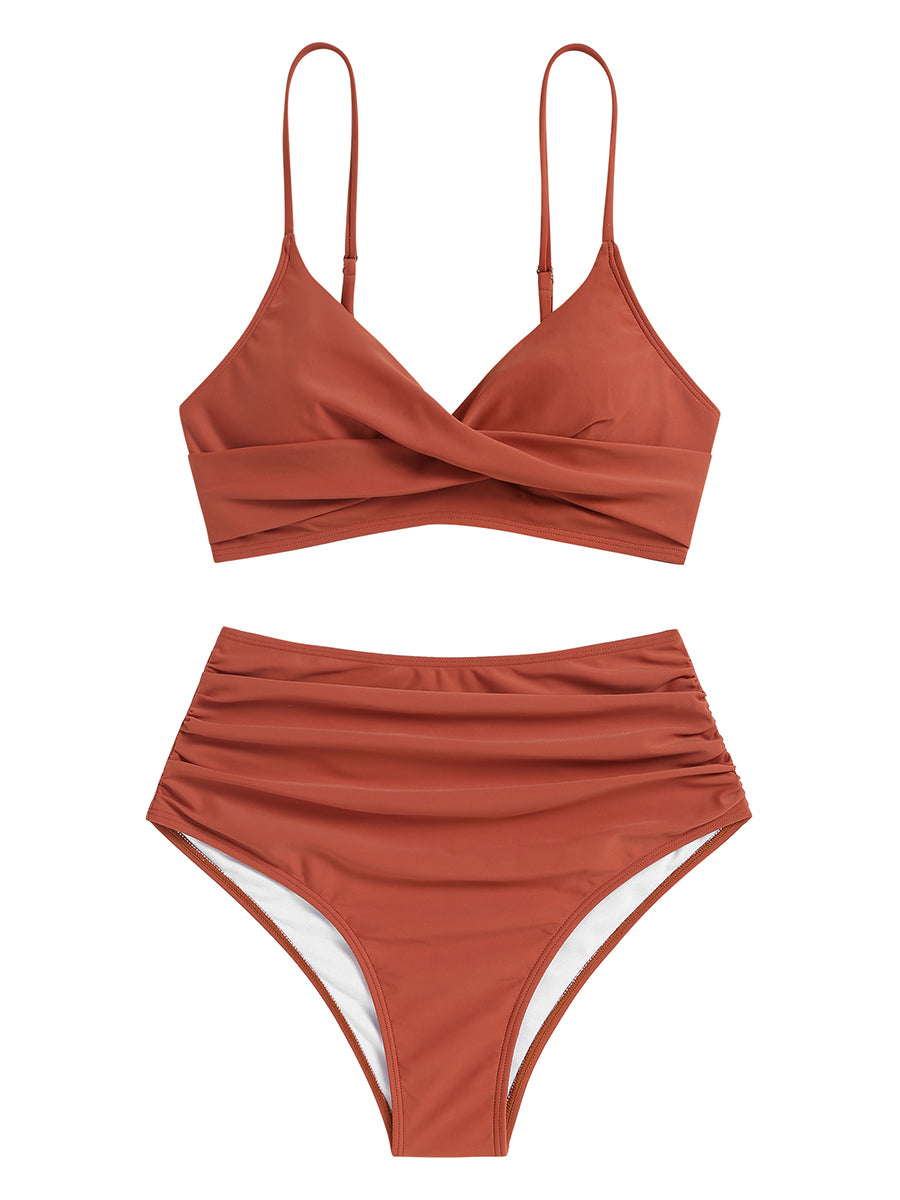 Twist-Front-Ruched-High-Waisted-Bikini-Orange