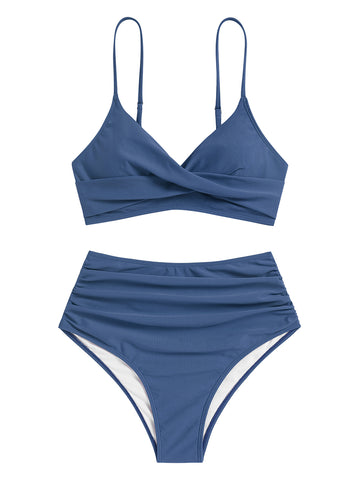 Twist-Front-Ruched-High-Waisted-Bikini-Blue