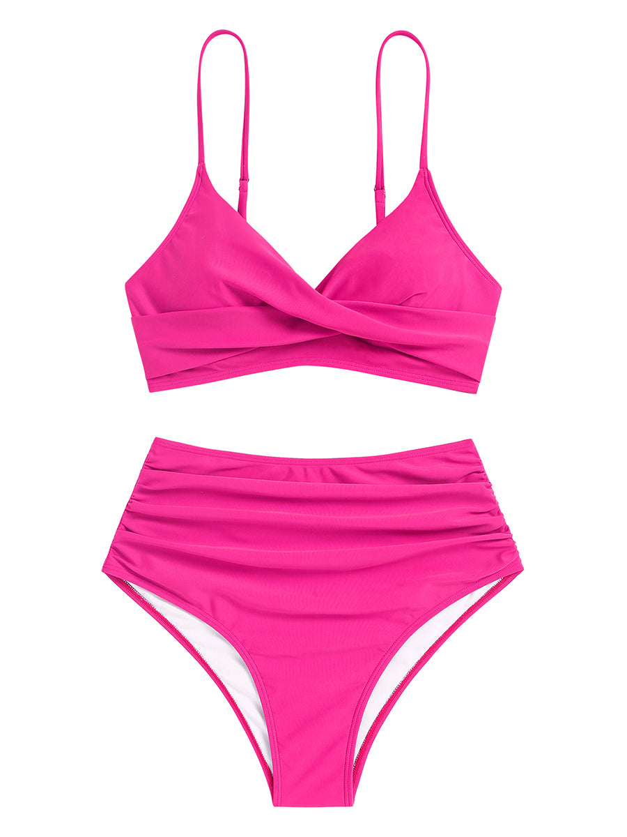 Twist-Front-Ruched-High-Waisted-Bikini-Hot Pink