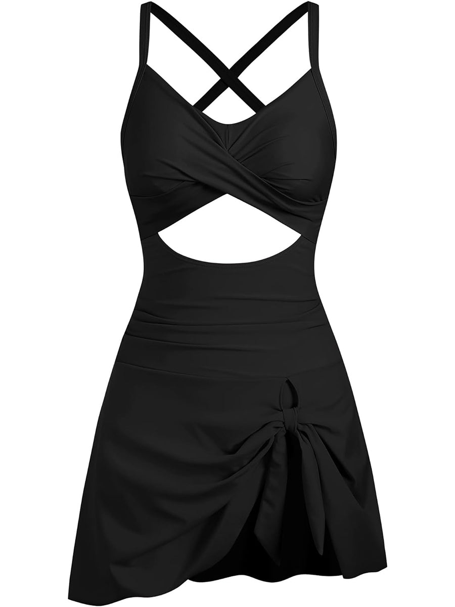 V-Neck-Cute-Tie-Knot-Skirt-Swimwear-Black