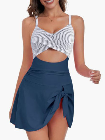 V-Neck-Cute-Tie-Knot-Skirt-Swimwear-Blue Striped