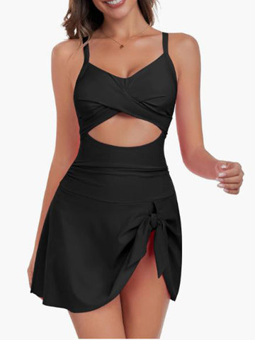 V-Neck-Cute-Tie-Knot-Skirt-Swimwear-Black