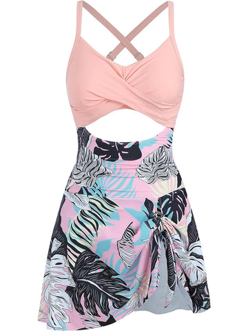 V-Neck-Cute-Tie-Knot-Skirt-Swimwear-Tropical Pink