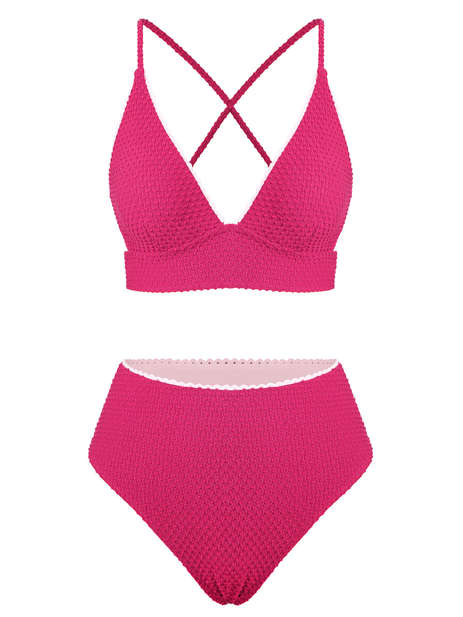 V-Neck-High-Waisted-Bikini-Rose Red