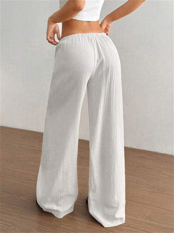 Drawstring Elastic Low Waist Linen Palazzo Pants for Women with Pockets Casual Loose Straight Leg Pant
