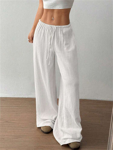 Drawstring Elastic Low Waist Linen Palazzo Pants for Women with Pockets Casual Loose Straight Leg Pant