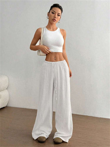 Drawstring Elastic Low Waist Linen Palazzo Pants for Women with Pockets Casual Loose Straight Leg Pant