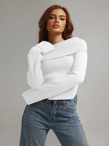 ZAFUL Off Shoulder Fold Over Sweaters Top Casual Solid Long Sleeve Jumper Fall Winter Knitted Pullover Sweater