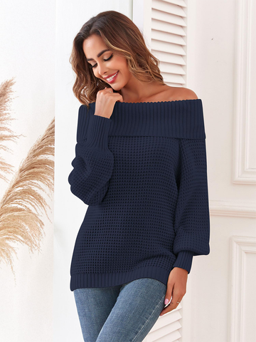 Waffle-Knit-Off-Shoulder-Sweater-Blue-1
