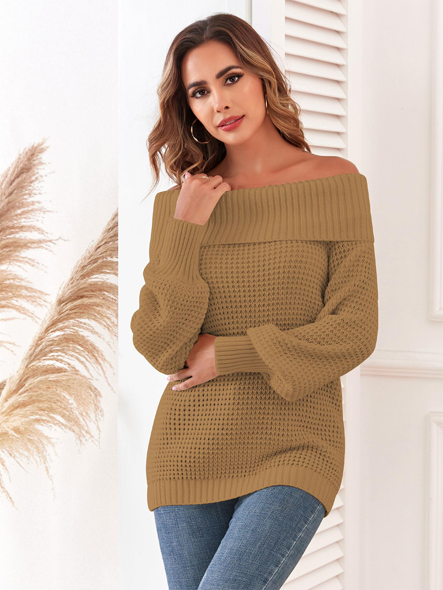 Waffle-Knit-Off-Shoulder-Sweater-Brown-1